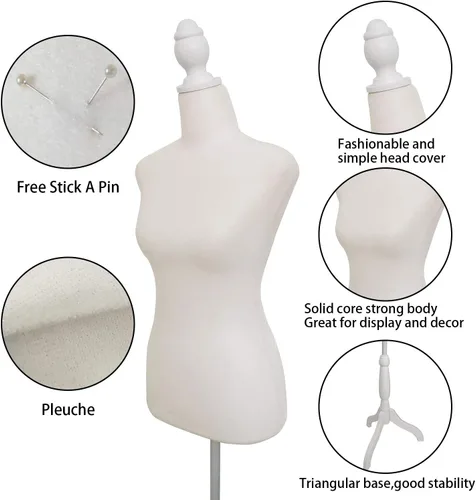 Miniatura 3 de Maniquí de torso femenino con soporte de trípode ajustable para exhibición de vestidos y joyas (beige)