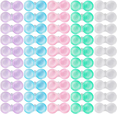 Paquete de 50 Estuches para Lentes de Contacto, Estuches de Contacto Transparentes a Granel en 5 Colores, Lindo Estuche para Lentes de Contacto a