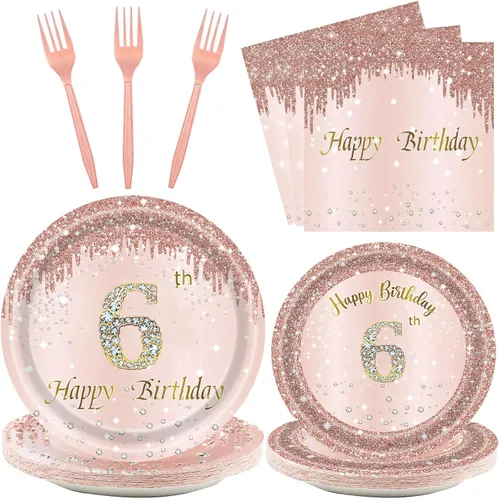 24 juegos de decoración de cumpleaños de oro rosa para niñas de 6 años, 6 platos y servilletas, tenedores, suministros de fiesta para niños de 6