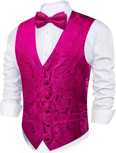 Miniatura 25 de Barry.Wang Conjunto de chaleco de pajarita para hombre, chaleco con cuello en V de seda jacquard de cachemira, gemelos de pañuelo formal/ocio, boda