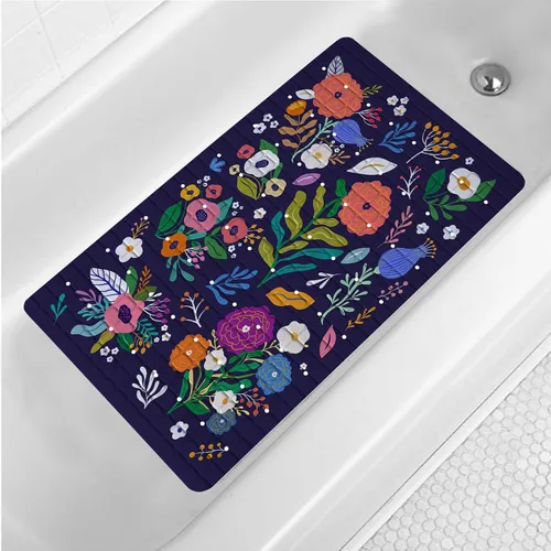 Tapete de baño floral bohemio morado antideslizante con flores abstractas para ducha, tapete de baño botánico para bañera con ventosas y agujeros de