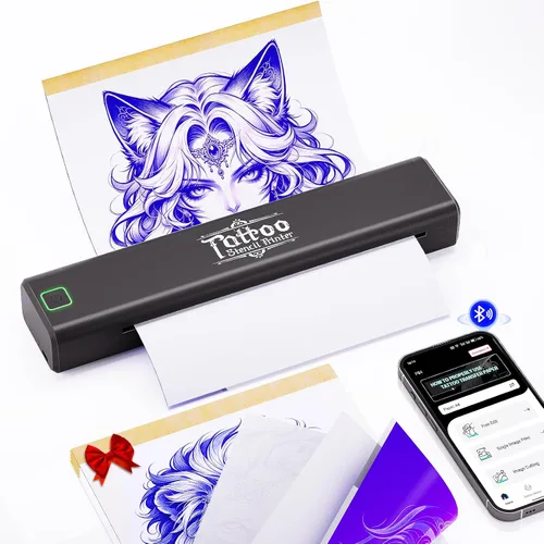 Vretti Impresora de plantillas de tatuaje P84, kit de tatuaje con 5 piezas de papel de transferencia, impresora de tatuaje inalámbrica para artistas