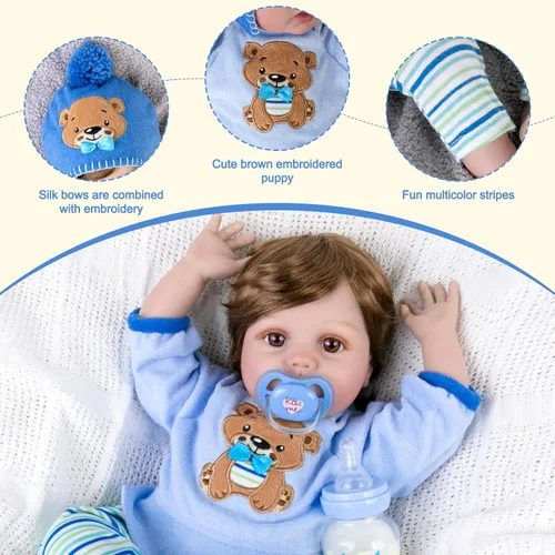 Miniatura 6 de Aori Reborn Baby Boy - Muñeca realista de 22 pulgadas con peso y cuerpo ultra suave, chupete y traje, muñeca de vinilo suave hecha a mano para niños
