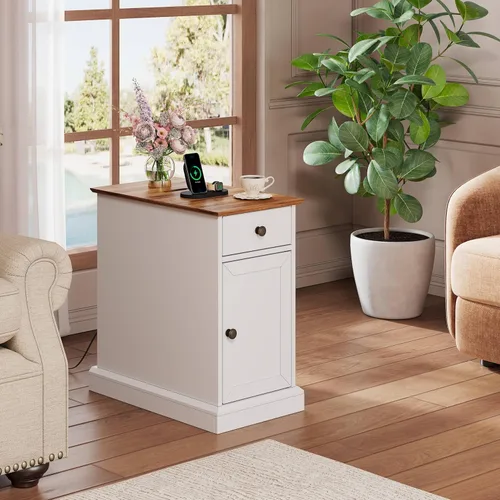 Miniatura 2 de WLIVE Mesa auxiliar con estación de carga, mesa estrecha con cajón y gabinete, mesa auxiliar con estante ajustable para sala de estar/dormitorio