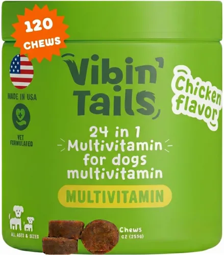 Vibin' Tails Multivitamínico 24 en 1 para perros, glucosamina condroitina apoyo para cadera y articulaciones, probióticos y omega-3, piel y pelaje,
