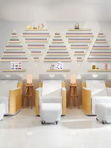 Miniatura 6 de Lorvain - 10 estantes de almacenamiento de esmalte de uñas de metal para montaje en pared, 5 niveles, color dorado, triangular, vitrinas