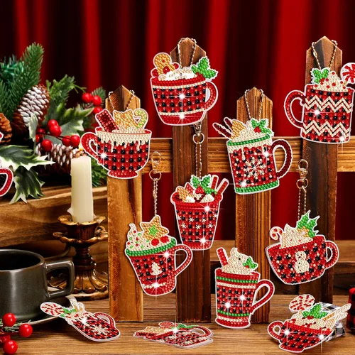 Miniatura 5 de BBTO 15 llaveros de pintura de diamante de Navidad 5D DIY chocolate caliente adornos de arte de diamantes de cacao caliente búfalo a cuadros
