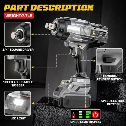 Miniatura 6 de Llave de impacto inalámbrica de 3/4 de pulgada compatible con batería Dewalt de 20 V, Cerycose1850 ft-lbs (2500 N.m), pistola de impacto eléctrica