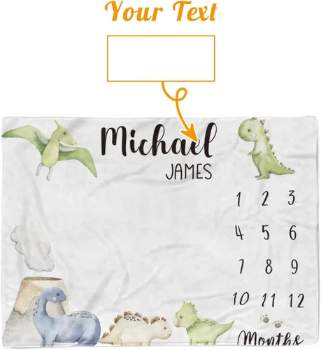 Miniatura 8 de Manta de hito mensual personalizada para bebé, nombre personalizado con diseño de dinosaurio, fondo de fotografía, manta de felpa suave con respaldo