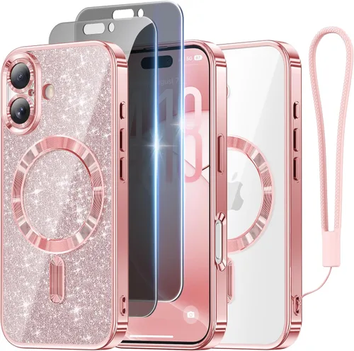 Miniatura 85 de Meifigno Candy Mag Series - Funda diseñada para iPhone 15 Pro, compatible con MagSafe, tarjeta con purpurina y correa de muñeca, protección completa