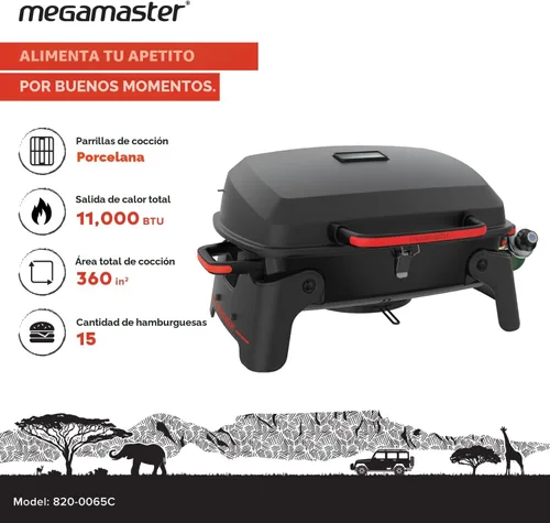 Miniatura 2 de Megamaster Parrilla de gas portátil de 1 quemador con tapa de bloqueo, quemador de acero inoxidable de 11,000 BTU, patas plegables, pequeña parrilla