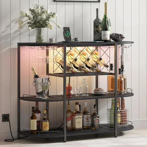 ZOPEND Mesa de café con gabinete de vino, enchufe de energía y luz LED, mesa de bar de café de tres niveles, estante de vino, barra de licor con