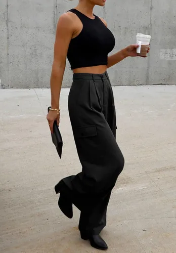 Miniatura 3 de Dokotoo Pantalones cargo de cintura alta y pierna ancha para mujer, pantalones holgados de trabajo casuales con 4 bolsillos