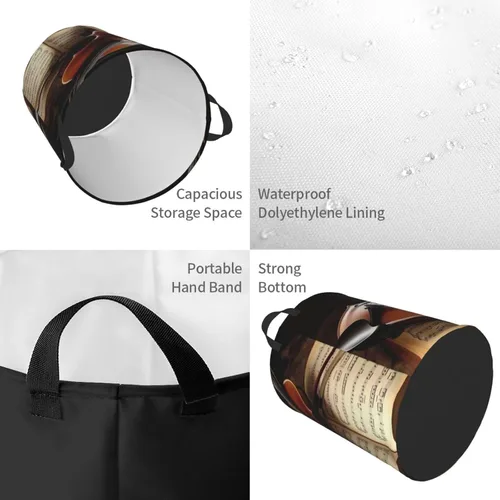 Miniatura 4 de Cesta circular con estampado de violín y libro, impermeable, cesta organizadora de lavandería, con asas, para ropa, juguetes, pequeña