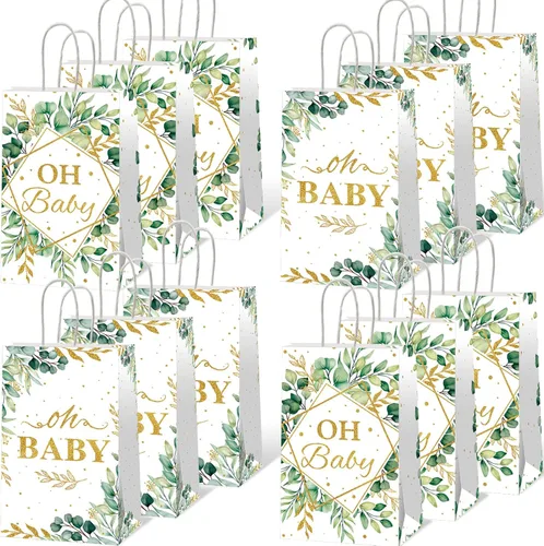 12 bolsas de regalo de fiesta Oh Baby de color verde salvia, bolsas de golosinas de hojas de eucalipto (4.7 x 3.1 x 7.9 pulgadas), bolsa de regalo