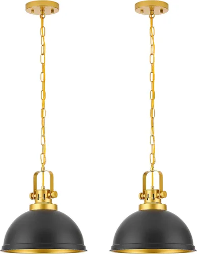 Paquete de 2 Lámparas Colgantes Negro Dorado, Luces Colgantes de Metal Estilo Granja Modernas Negro Mate Cúpula Accesorio de Iluminación Industrial