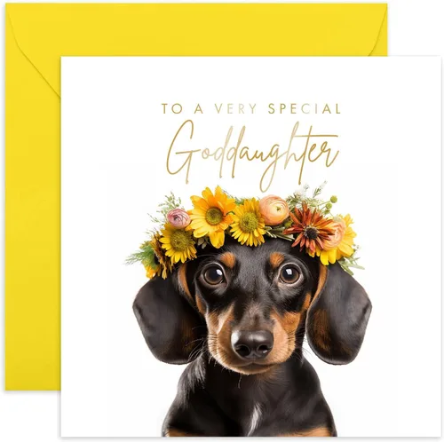 Old English Co. Daschund Dog - Tarjeta de ahijada muy especial, tarjeta de cumpleaños floral Daschund para ella, lindas tarjetas de felicitación