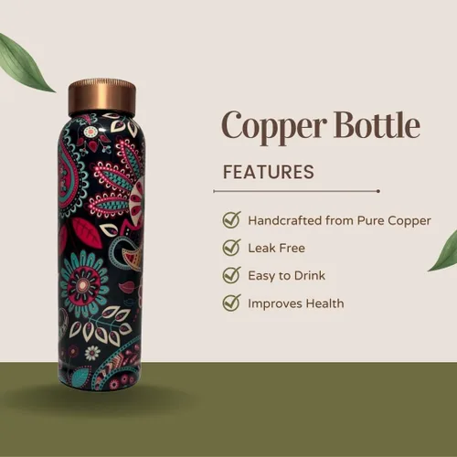 Miniatura 3 de Perilla Home Botella de agua impresa de cobre puro de 34 onzas, a prueba de fugas, recipiente de cobre ayurvédico 100% puro con tapa, bebe más agua