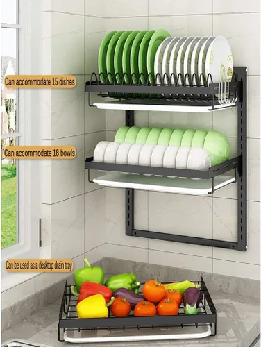 Miniatura 5 de Escurridor de platos montado en la pared de acero inoxidable 201 con bandeja de drenaje, estante de cocina de 3 capas, organizador de utensilios