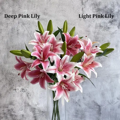 Miniatura 5 de YalzoneMet RUZUQE - 2 flores artificiales de lirio de color rosa profundo de 28 pulgadas, lirios falsos de tacto real, 3 cabezales, flora sintética