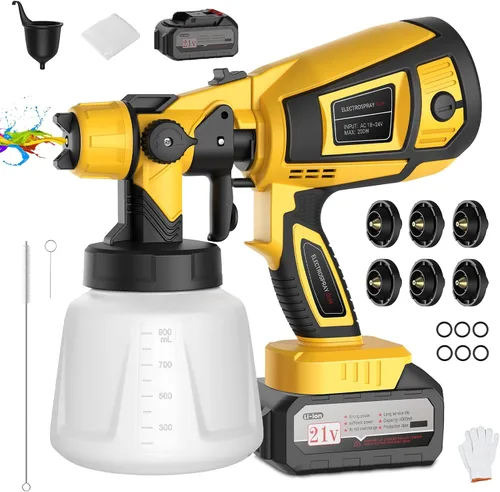 Pulverizador de pintura eléctrico, inalámbrico con batería, 2 de 4000 mAh 21 V, 6 boquillas y 3 modos de pulverización, contenedor de 33.8 fl oz.