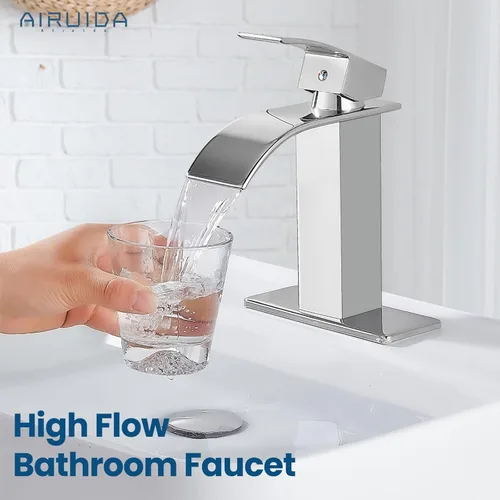 Miniatura 7 de Airuida Grifo de Baño con Acabado Cromado Pulido Boquilla de Cascada Mango Único Agujero Único Grifo de Lavabo de Baño 1 o 3 Agujeros Grifo de cromo