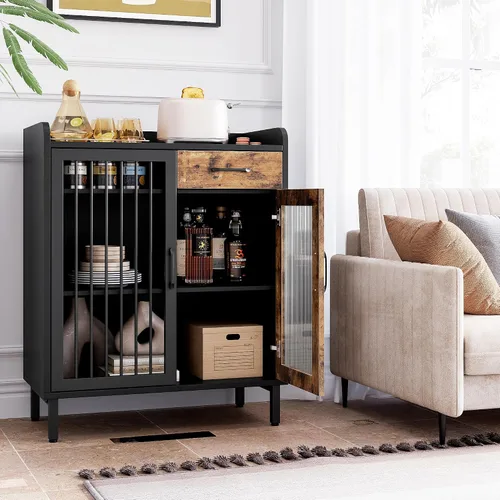 Miniatura 2 de GAOMON Aparador de buffet moderno, armario de almacenamiento de cocina con estantes y puertas de vidrio, gabinete de buffet de metal con cajones