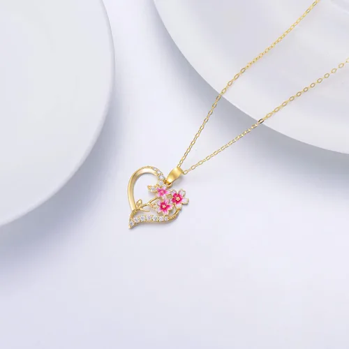 Miniatura 29 de Collar de flor de nacimiento de oro real de 14 quilates para mujer, oro amarillo creado moissanita con colgante de corazón, collares