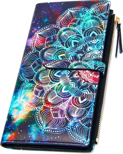 Billeteras delgadas para mujer, tarjetero RFID plegable con bolsillo con cremallera, Mandala azul, Delgado