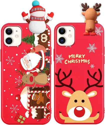Miniatura 35 de Paquete de 2 fundas navideñas lindas para iPhone 13 Pro, patrón rojo 3D de muñeco Papá Noel muñeco de nieve Feliz Navidad de silicona suave TPU
