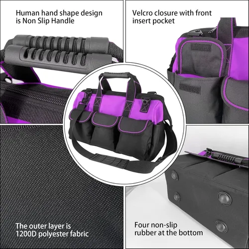 Miniatura 4 de Bolsa de herramientas morada de 16 pulgadas para mujer, correa de hombro ajustable con pies antideslizantes, 14 bolsillos funcionales, caja