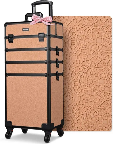 Miniatura 55 de BYOOTIQUE estuche rodante para maquillaje 4 en 1, con cerradura, maletín tipo trolley para cosméticos, con 4 ruedas extraíbles, organizador de viaje