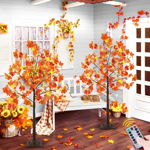 Miniatura 5 de Control remoto y temporizador, decoración de otoño, paquete de 2 unidades, árbol de arce artificial preiluminado de otoño de 4 pies para el hogar