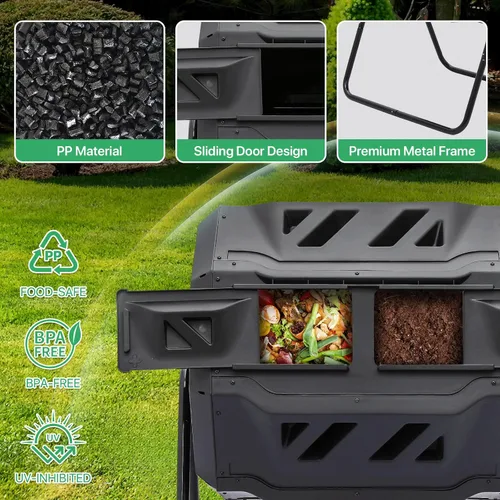 Miniatura 5 de Athena Collection Vaso de compost, 2 cámaras de compostaje doble de 21.5 galones para exteriores, fácil giro y rotación rápida con 2 puertas