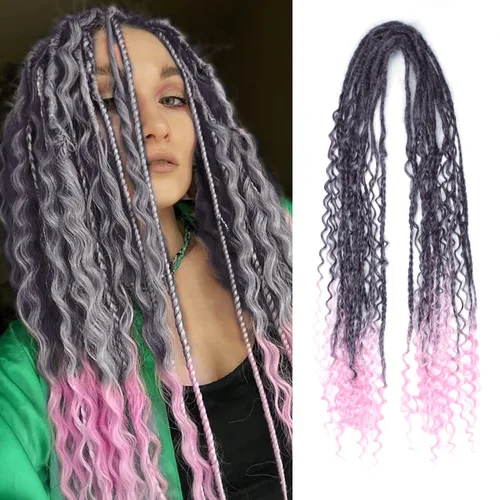 Miniatura 49 de Extensiones de rastas trenzadas bohemias de 24 pulgadas, 10 hebras de rastas sintéticas rizadas color marrón degradado con trenza de caja, rastas