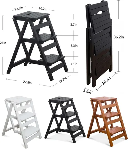 Miniatura 5 de Taburete para adultos/escalera/silla de mostrador, taburete plegable de madera portátil de 3 escalones, antideslizante y ligero (negro)