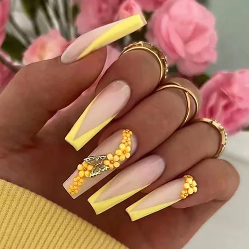 Uñas postizas largas a presión, punta francesa de bailarina, 24 uñas postizas reutilizables de cobertura completa con pestañas adhesivas, uñas