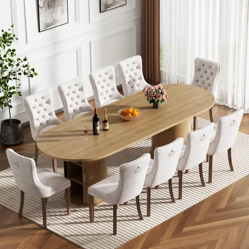 Miniatura 22 de Mesa de comedor redonda extensible con base de almacenamiento, mesa de comedor expandible natural de 63 a 94 pulgadas para 10 personas, mesa