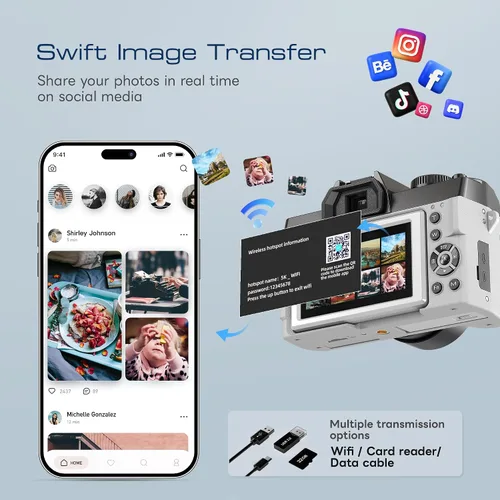 Miniatura 8 de Cámaras digitales de 5K y 64MP para fotografía y video, cámara de vlogging para YouTube, cámara compacta con tarjeta TF de 32 GB, WiFi y lente gran