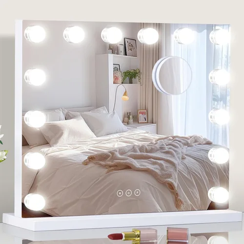 Miniatura 12 de Espejo de tocador con luces, espejo de maquillaje iluminado con bombillas LED regulables, 3 modos de iluminación de color, puerto de carga USB, Negro