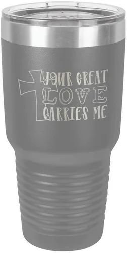 Miniatura 17 de Taza de viaje de acero con recubrimiento de polvo grabado con láser, con grabado de 30 oz con texto en inglés "Your Love Carries" y texto "Mis