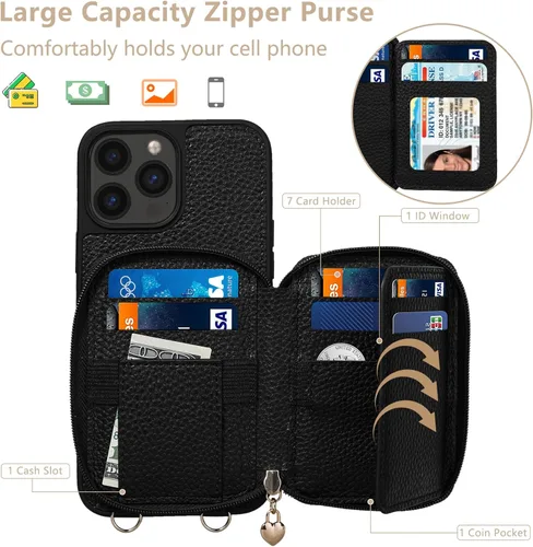 Miniatura 3 de Funda para iPhone 13 Pro Max de 6.7 pulgadas, bolso cruzado con cremallera con bloqueo RFID, soporte de 10 ranuras para tarjetas, cordón desmontable