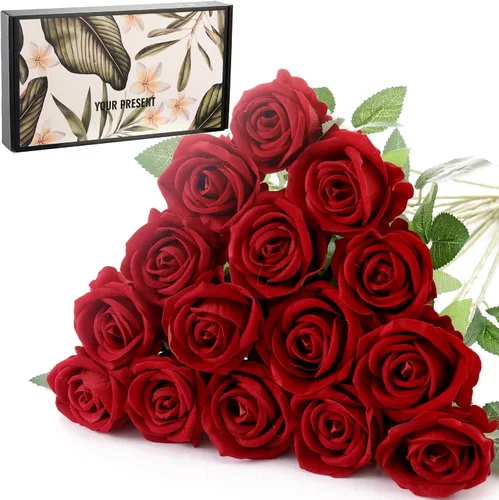 Miniatura 27 de 12 rosas artificiales de terciopelo sintético para decoración del hogar y boda (rosa perla, negro)