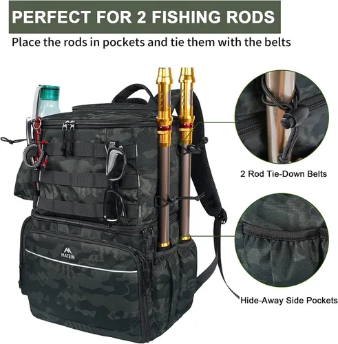 Miniatura 4 de MATEIN Mochila para Pesca, Bolsa de Equipo de Pesca Resistente al Agua con Soportes para Caña de Pescar y Enfriador, Regalos de Equipo para Hombres