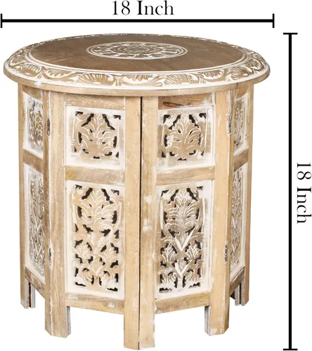Miniatura 3 de Mesa auxiliar de madera, mesa auxiliar redonda tradicional, mesa auxiliar redonda moderna tallada a mano, octogonal de 18 pulgadas, color blanco