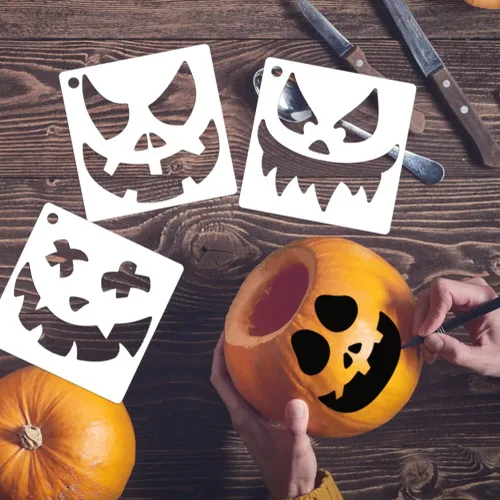 Miniatura 8 de Plantillas de cara de calabaza de 6 pulgadas, plantillas de Halloween, plantilla reutilizable para tallar calabaza para pintar en ventana de papel