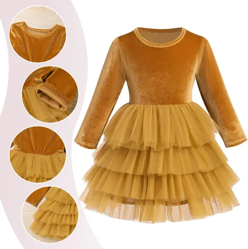 Miniatura 6 de Vestido de tutú de tul escalonado de terciopelo de manga larga para otoño e invierno para niñas y niñas