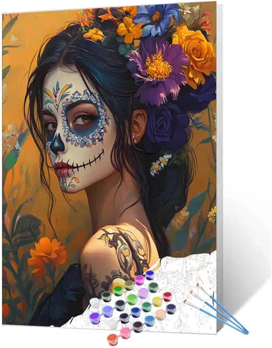 Miniatura 24 de Pintura por números para parejas tomadas de la mano, para adultos, principiantes, Día de los Muertos, Esqueleto, Pintura por números sobre lienzo