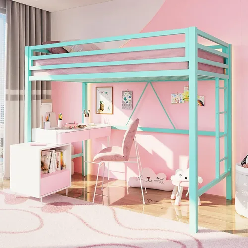 Miniatura 10 de ikalido - Cama elevada de metal tamaño individual con barandilla de seguridad y escalera, no necesita somier, muebles de dormitorio que ahorran