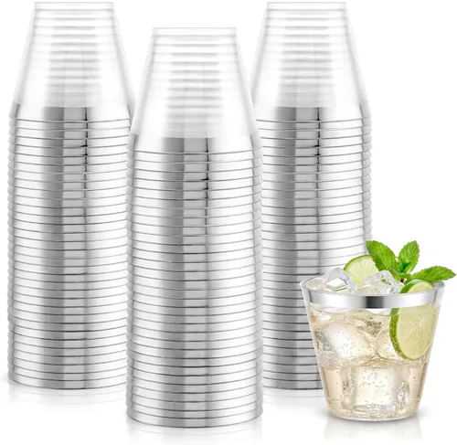 Miniatura 10 de Hioasis 100 vasos de plástico transparente de 9 onzas con ribete dorado, vasos desechables de plástico, resistentes y sin BPA para fiestas, bodas